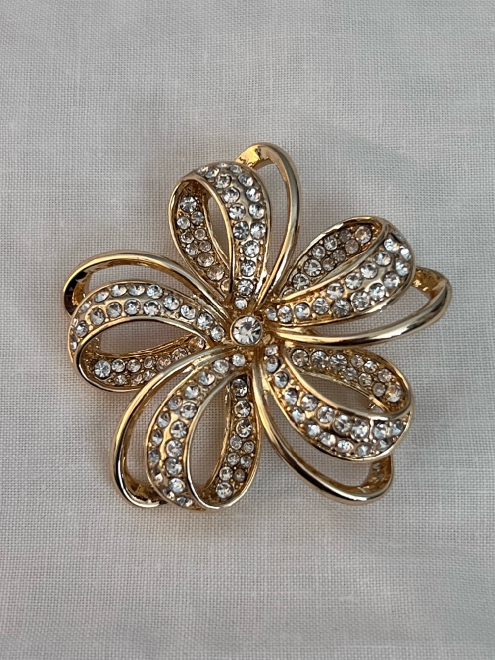 Vintage Monet Rhinestone Flower Brooch Gold Tone Signed Designer Statement Pin